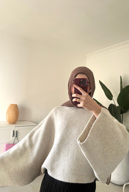 Batwing Sleeve Oversized Sweater- Beige