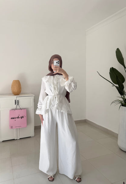 Ruffles Details Wide Leg Pants Set- White