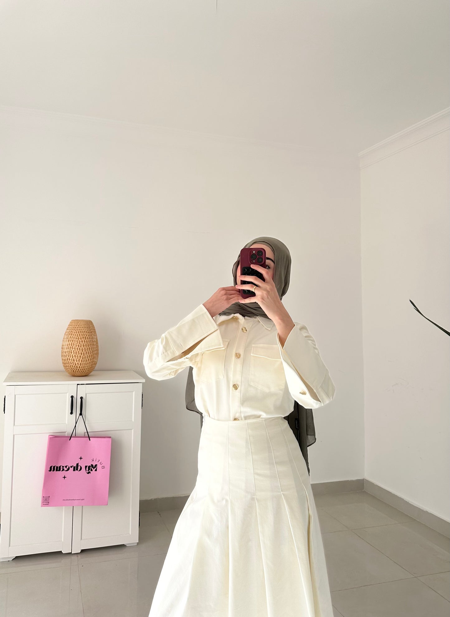 Drop Waist Pleated Skirt Set- Cream