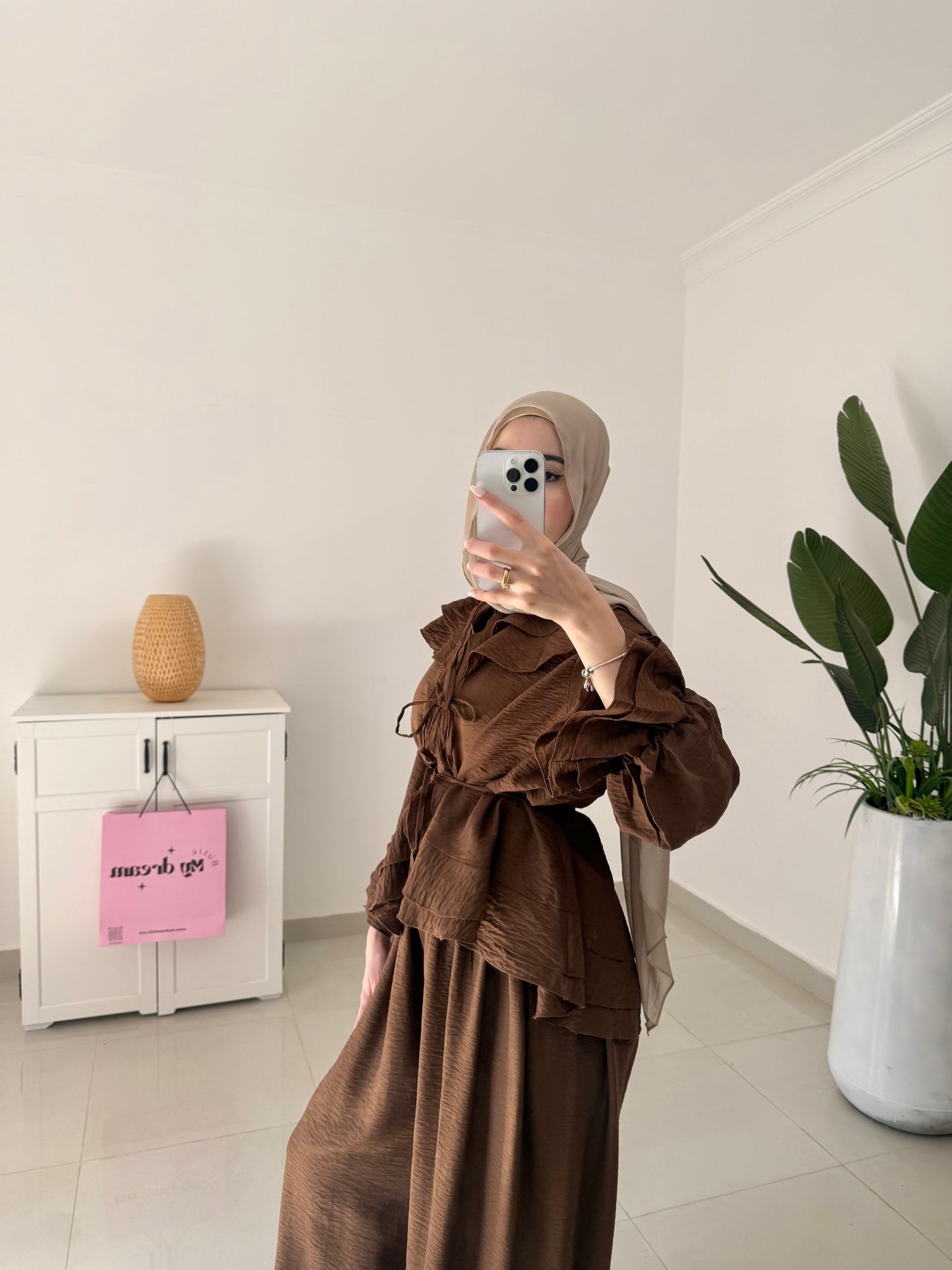 Ruffles Details Wide Leg Pants Set- Brown