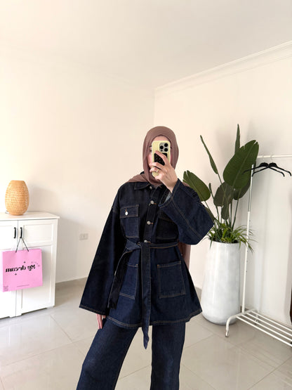Belted Denim Set- Navy blue