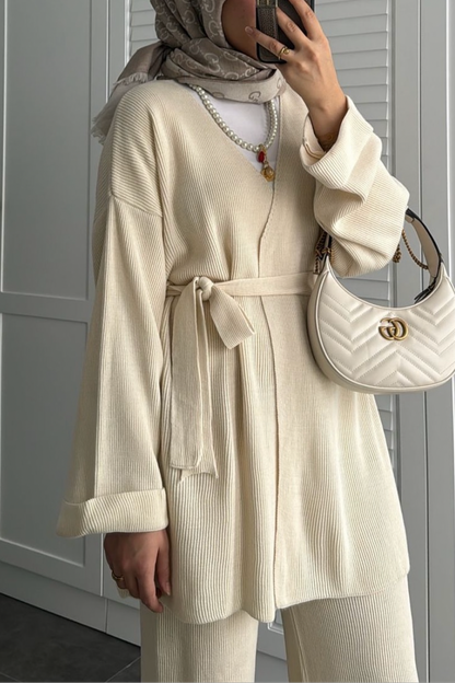 Belted knit Cardigan Set- Cream