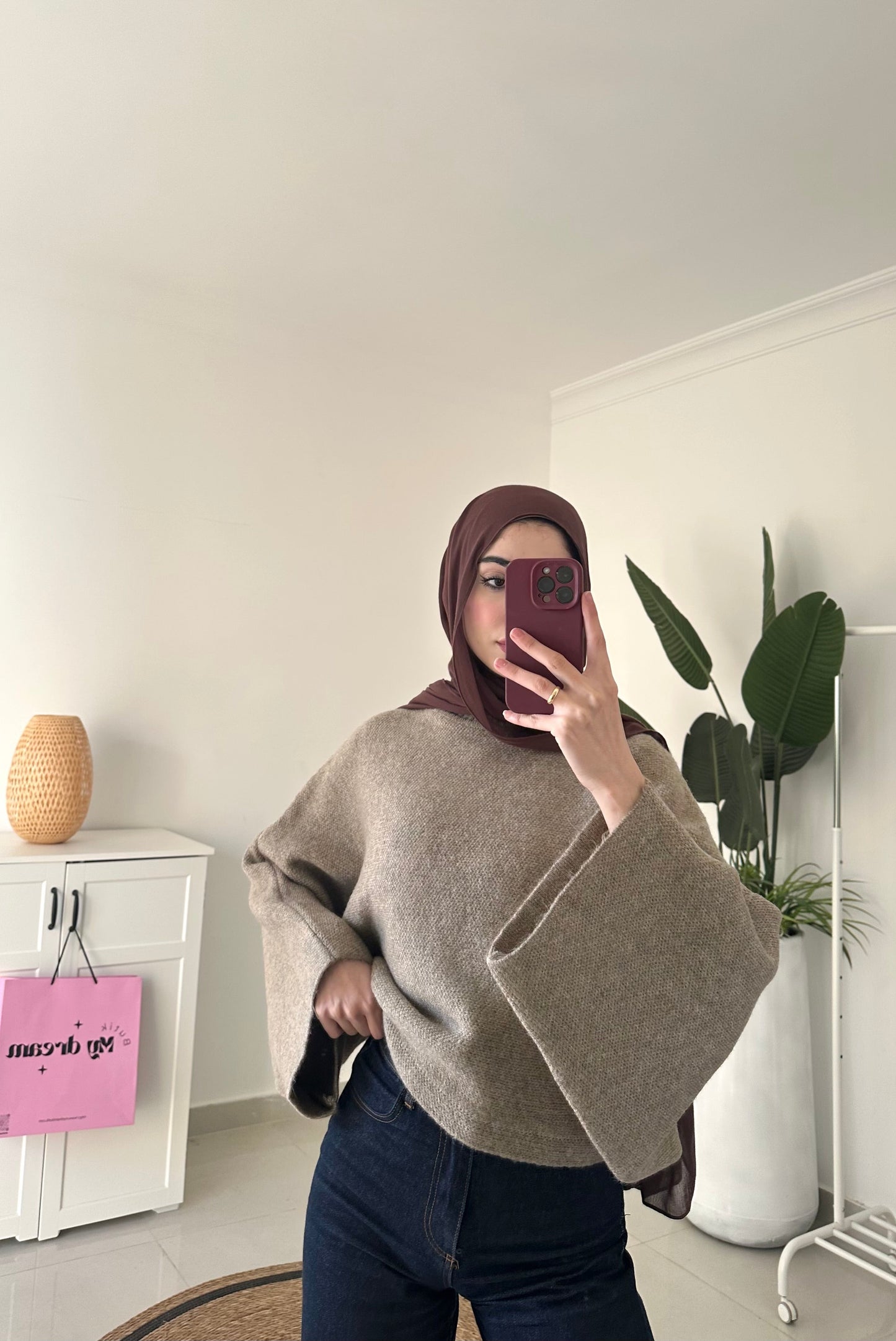 Batwing Sleeve Oversized Sweater- Light Brown