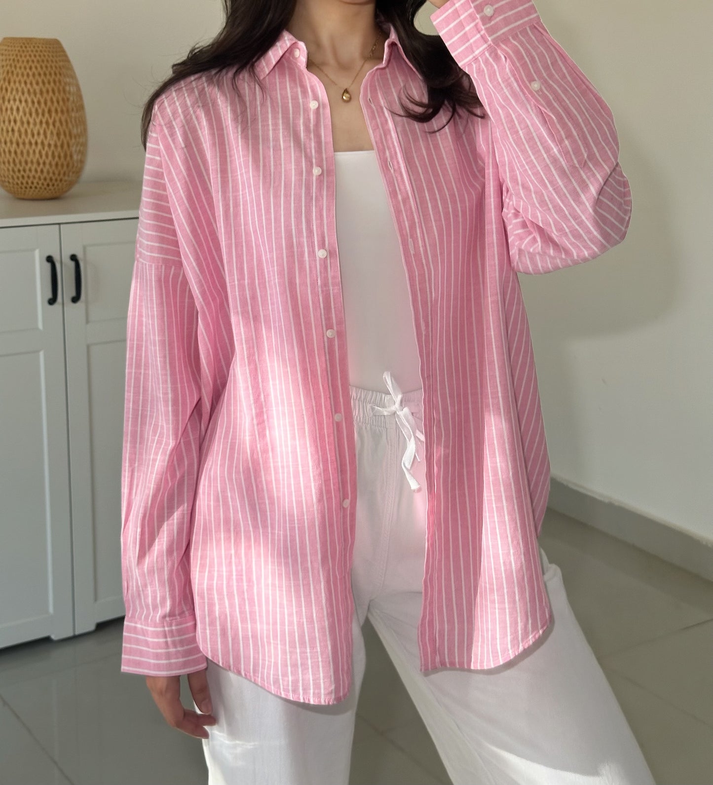 Linen Striped Shirt-Pink