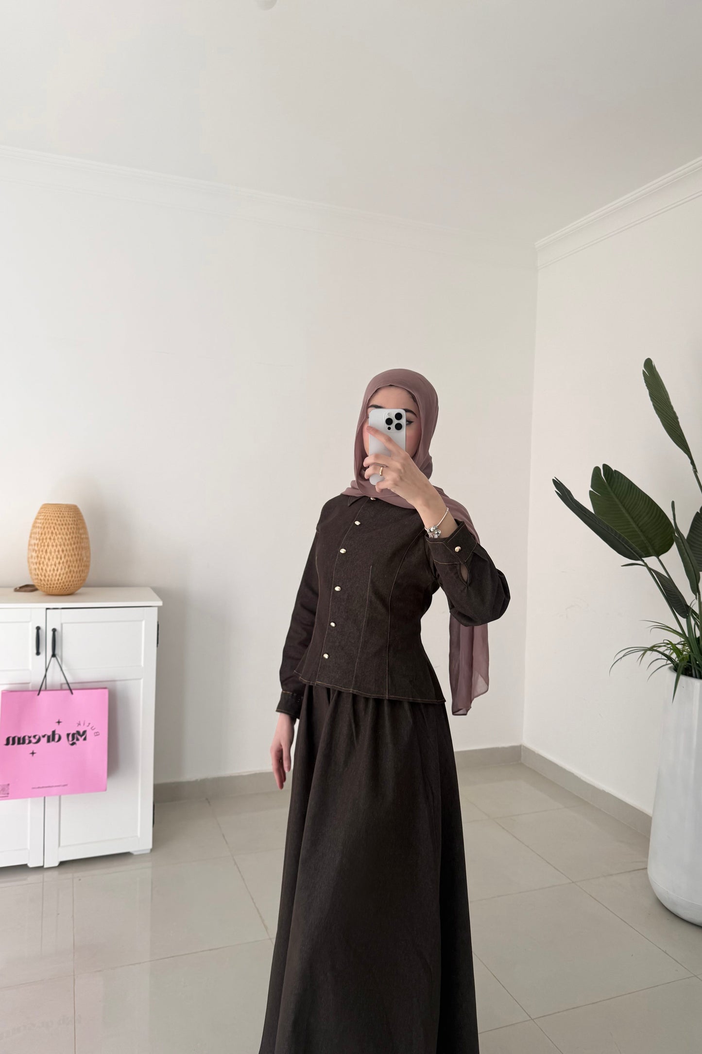 Denim Skirt Set- Brown