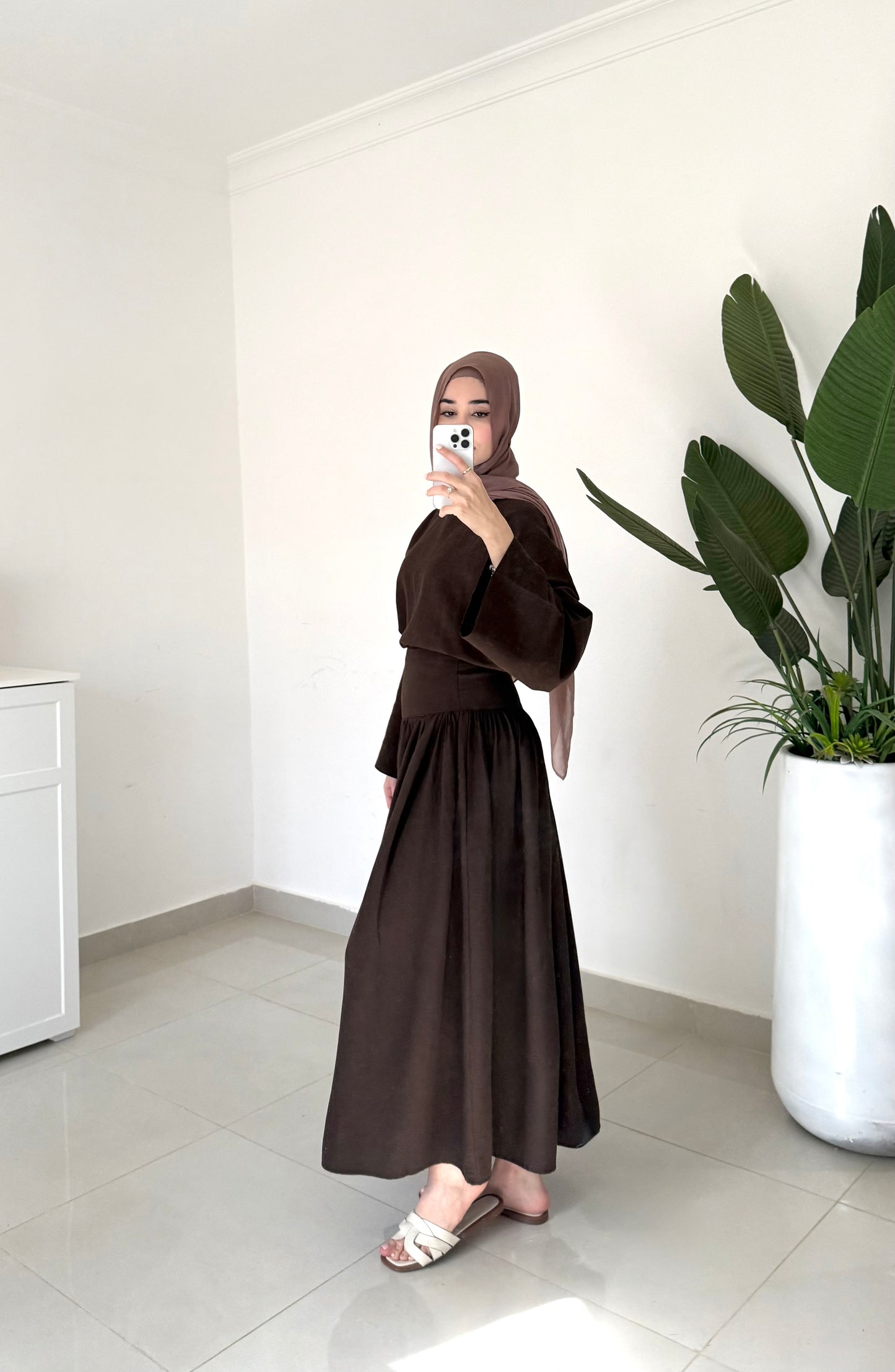 Drop Waist Linen Skirt Set- Brown