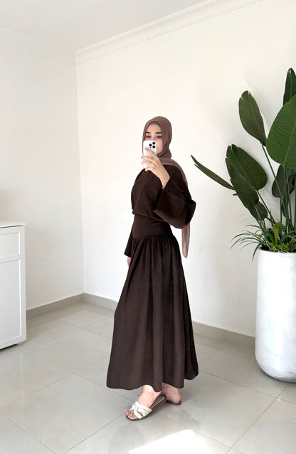 Drop Waist Linen Skirt Set- Brown
