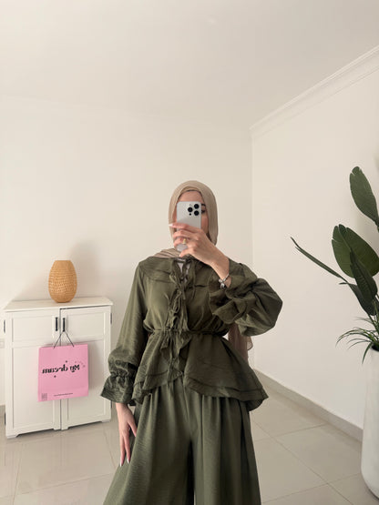Ruffles Details Wide Leg Pants Set- Green