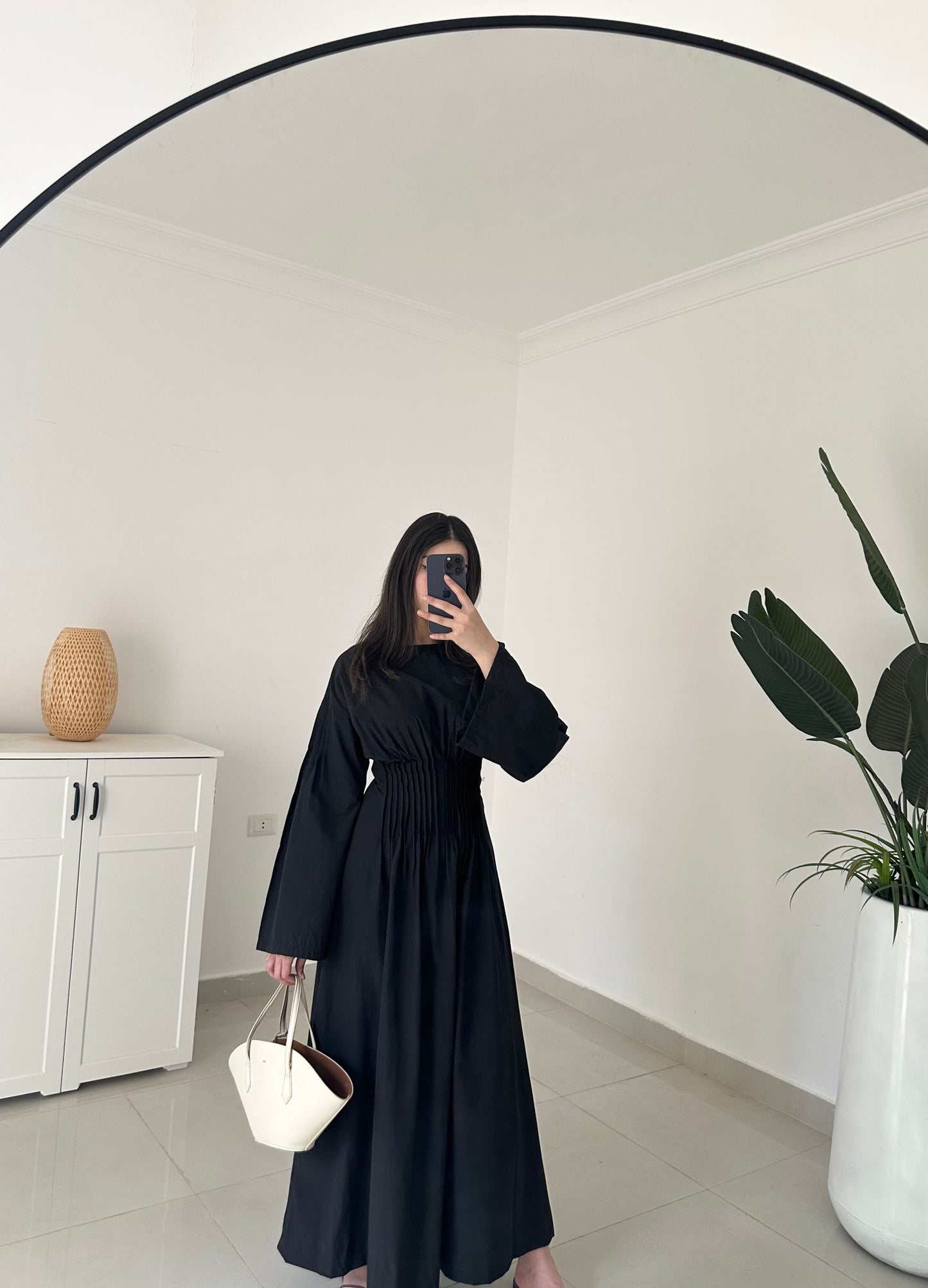 Pleated Waist Belted Dress-Black