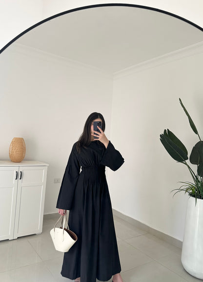 Pleated Waist Belted Dress-Black
