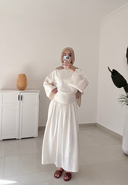 Drop Waist Linen Skirt Set- White