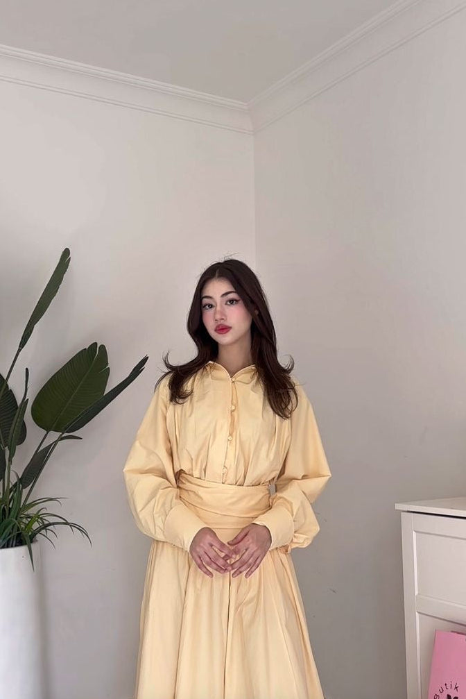 ‏Drape Waist Skirt Set-Yellow