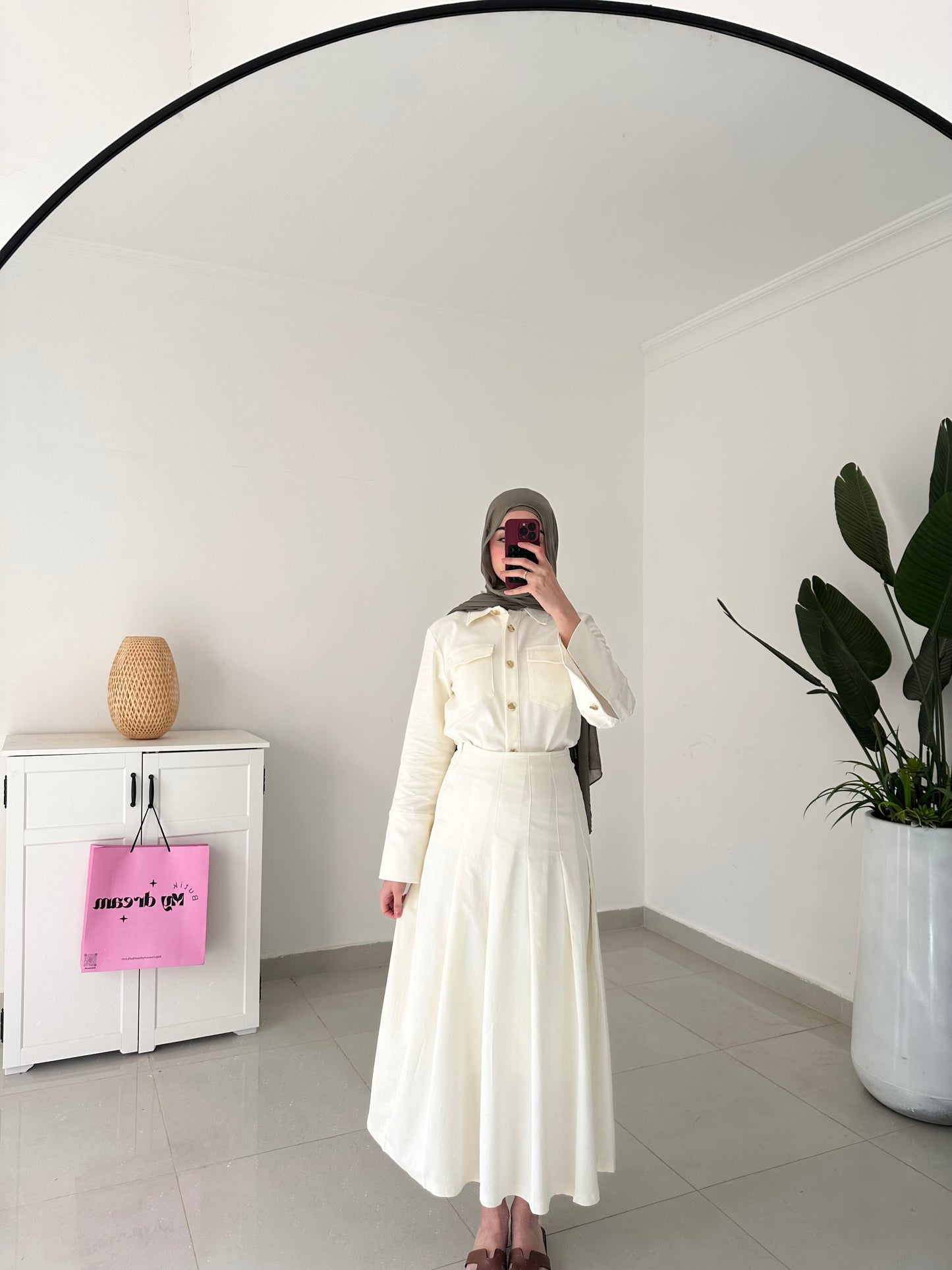 Drop Waist Pleated Skirt Set- Cream