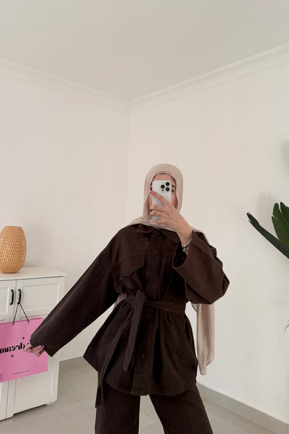 Belted Denim Set- Brown