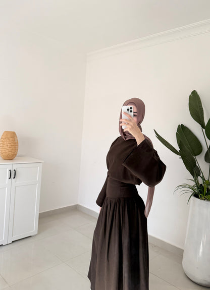 Drop Waist Linen Skirt Set- Brown