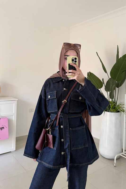 Belted Denim Set- Navy blue