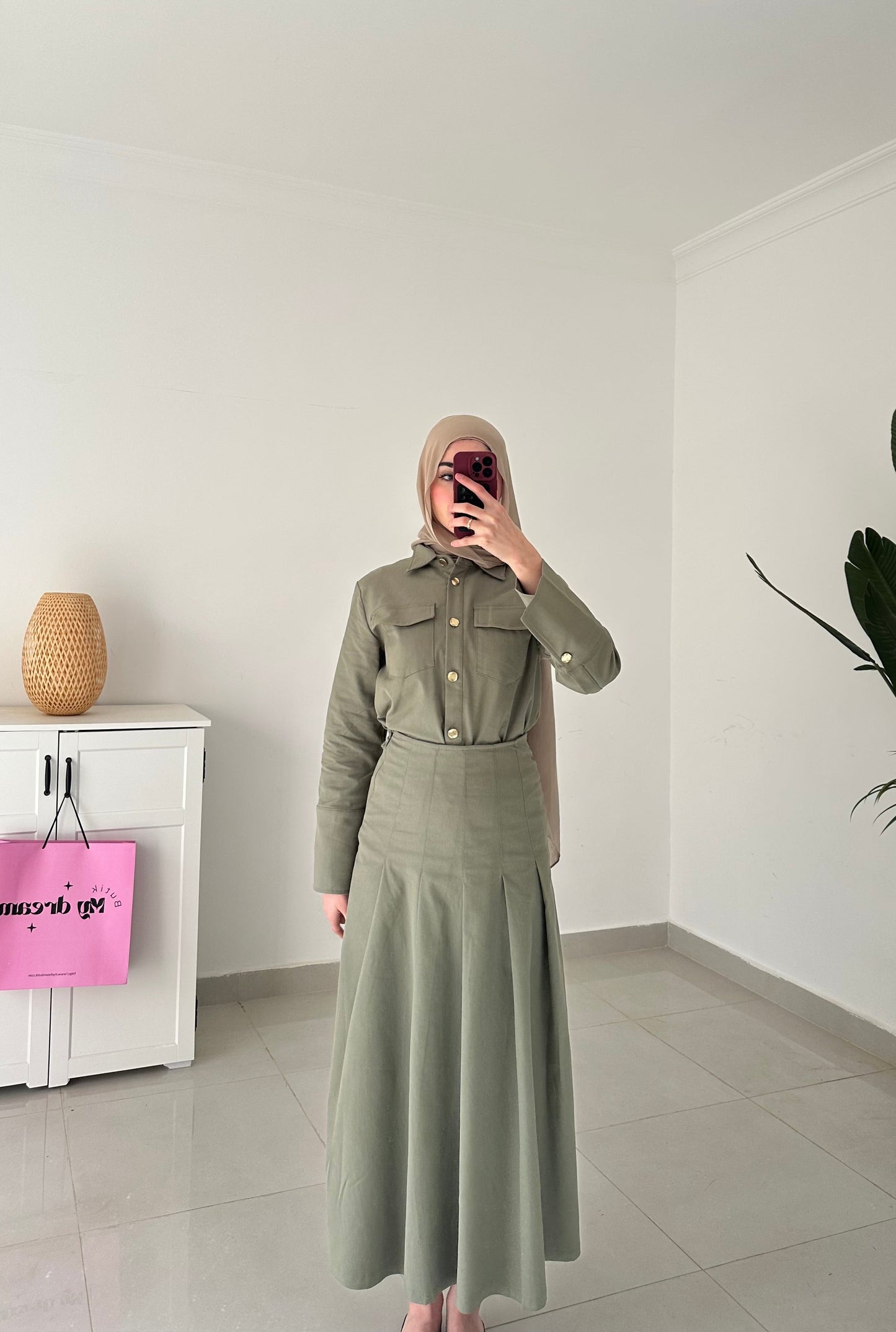 Drop Waist Pleated Skirt Set- Green