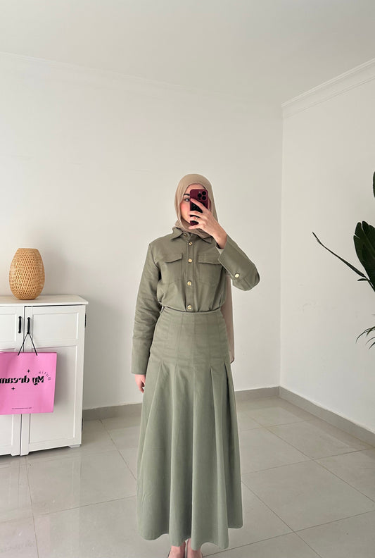 Drop Waist Pleated Skirt Set- Green