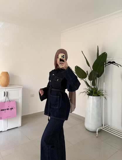 Belted Denim Set- Navy blue