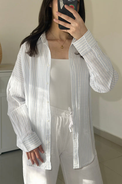 Linen Striped Shirt- blue and white