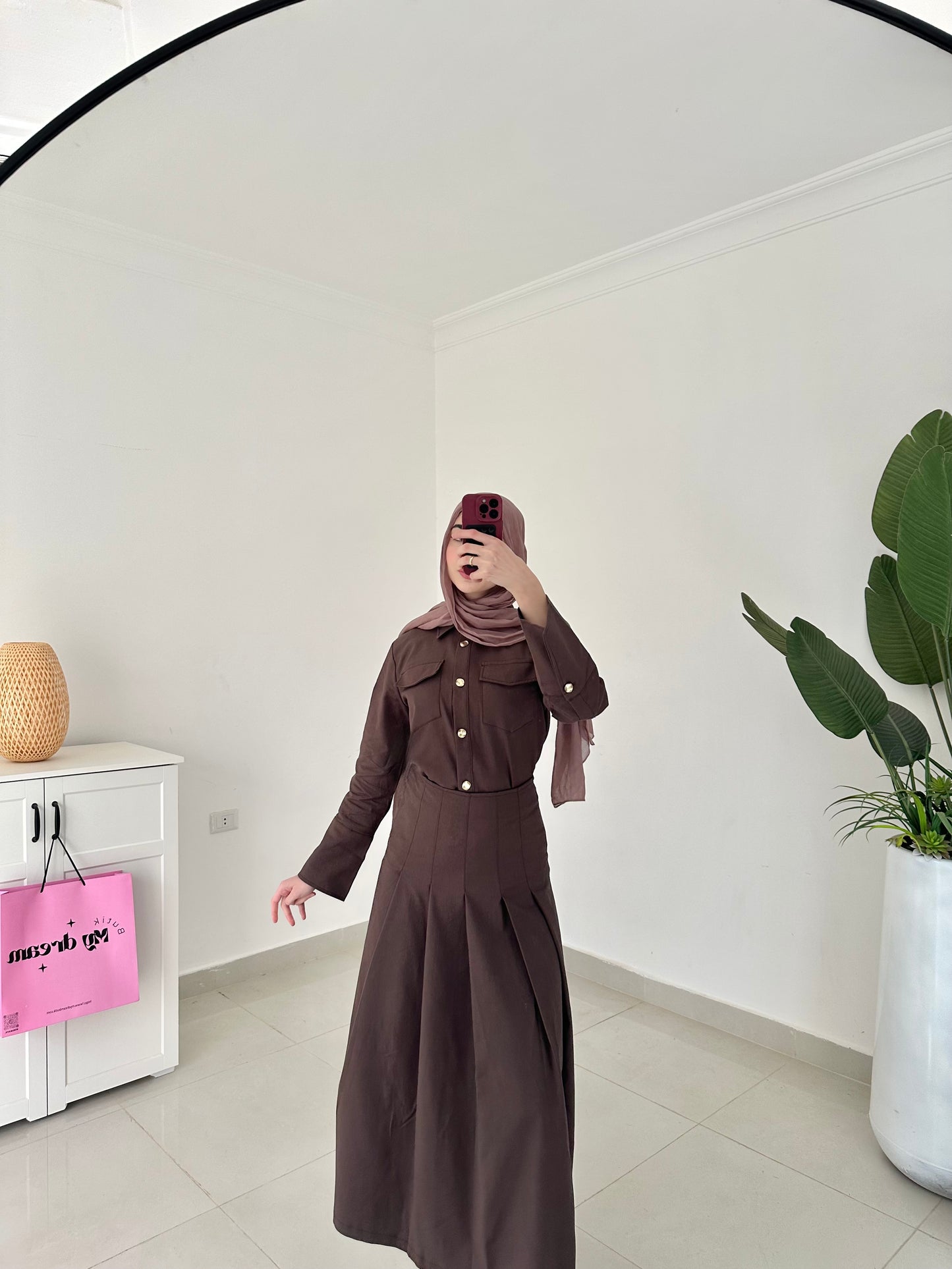 Drop Waist Pleated Skirt- Brown