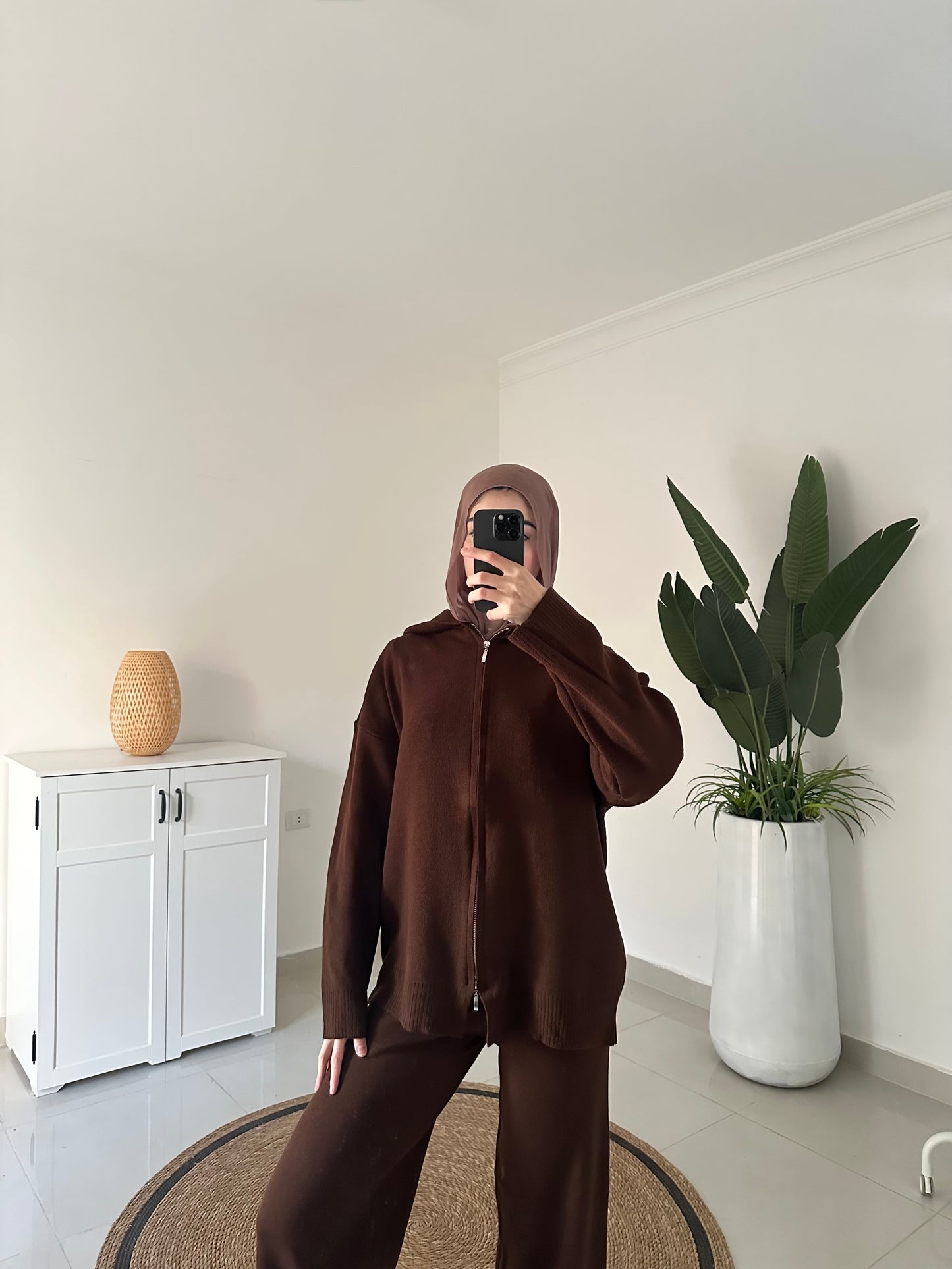 Knit Hooded Cardigan Set- Brown