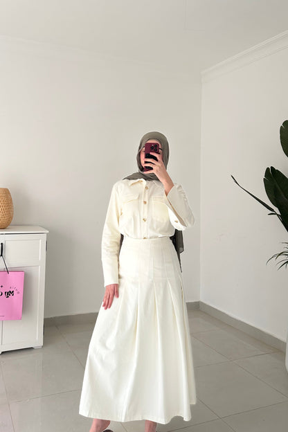 Drop Waist Pleated Skirt Set- Cream