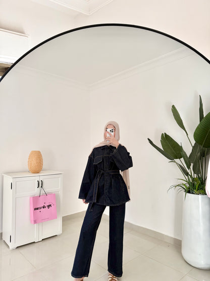 Belted Denim Set- Navy Blue