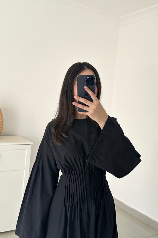 Pleated Waist Belted Dress-Black
