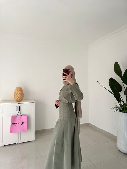 Drop Waist Pleated Skirt Set- Green