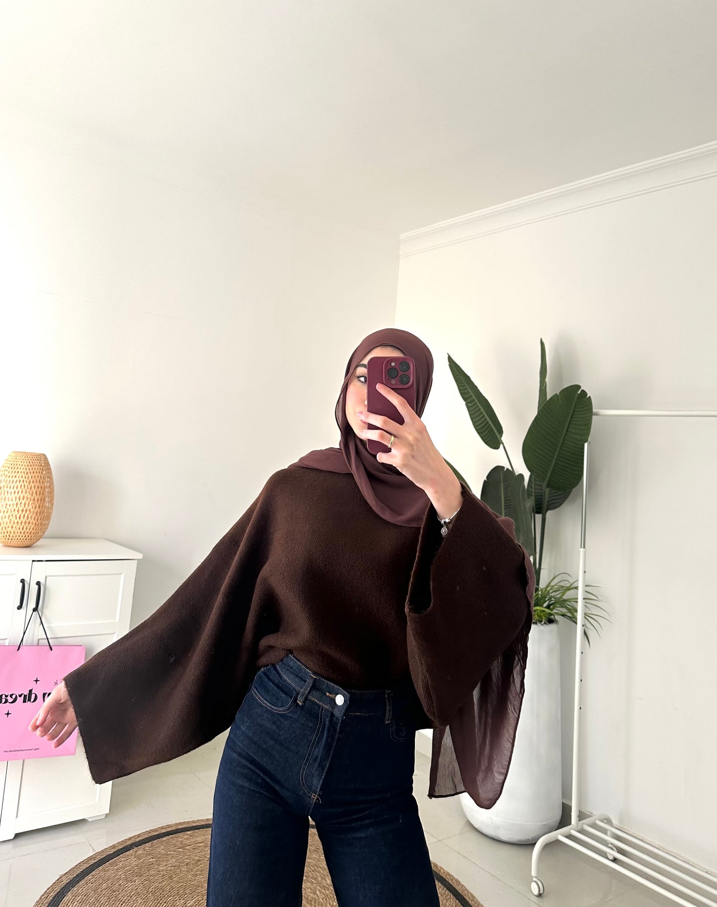 Batwing Sleeve Oversized Sweater- Brown