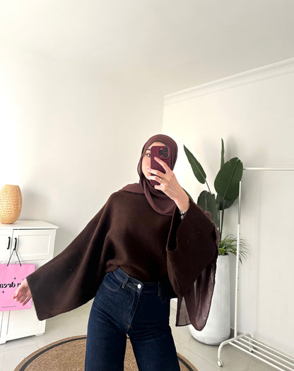 Batwing Sleeve Oversized Sweater- Brown