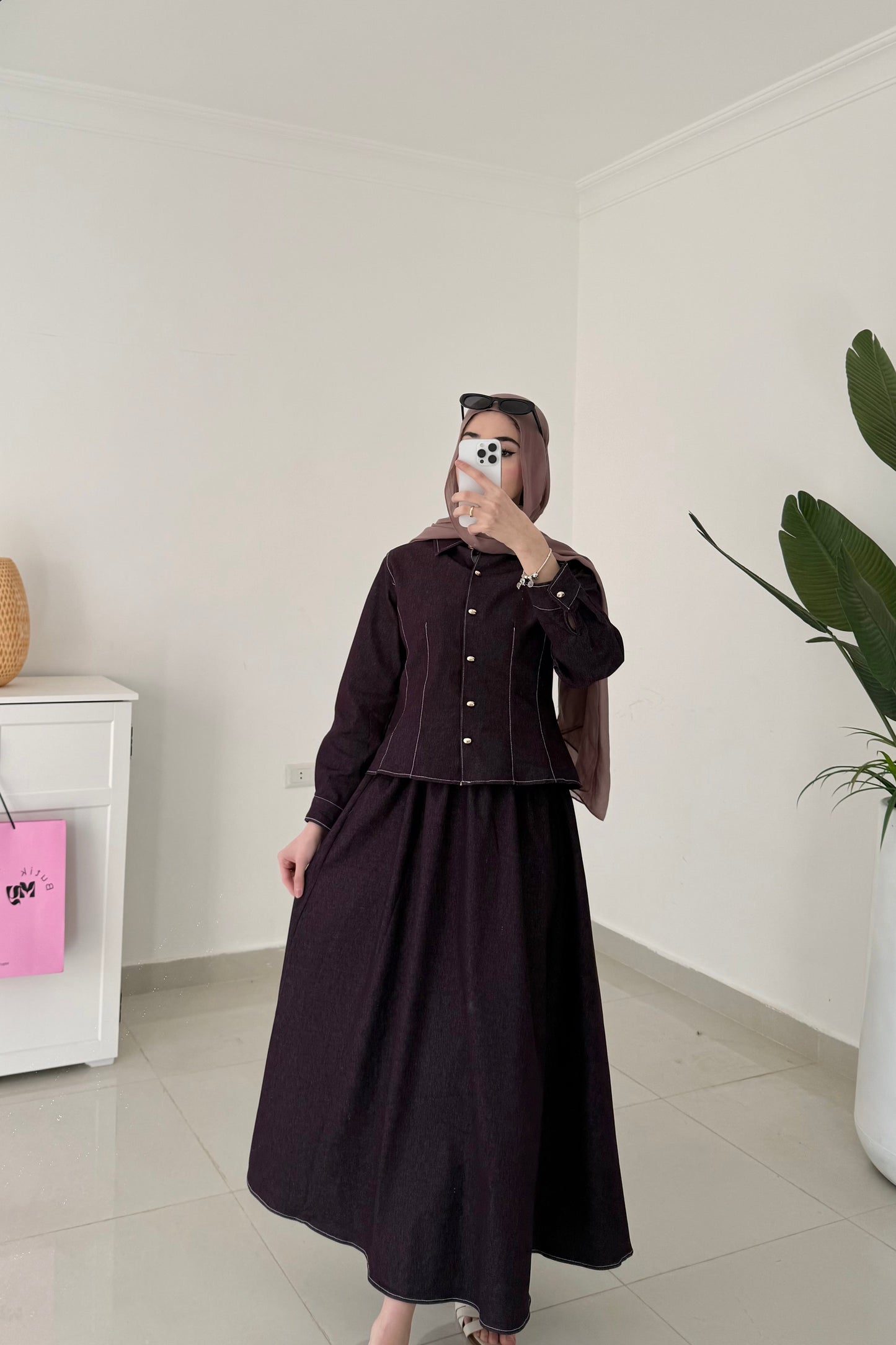 Skirt Denim Set- Burgundy