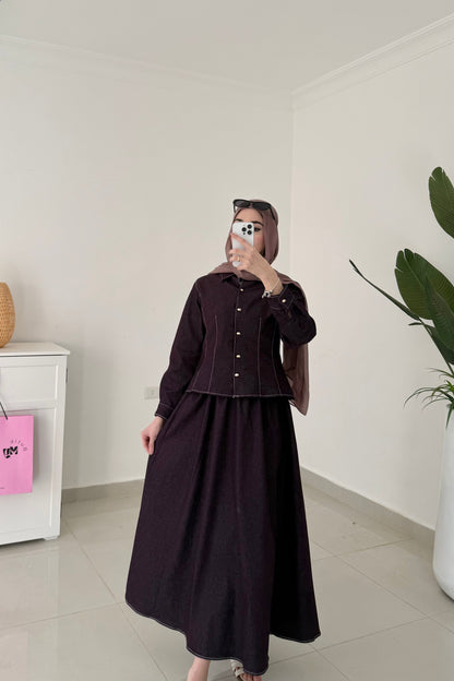 Skirt Denim Set- Burgundy