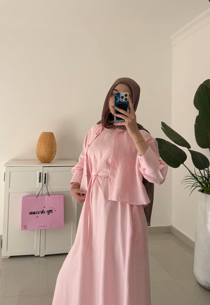 Belted Dress with Cropped Short-Pink