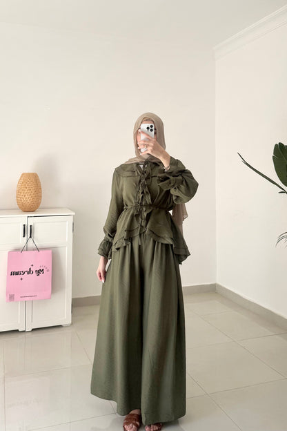 Ruffles Details Wide Leg Pants Set- Green