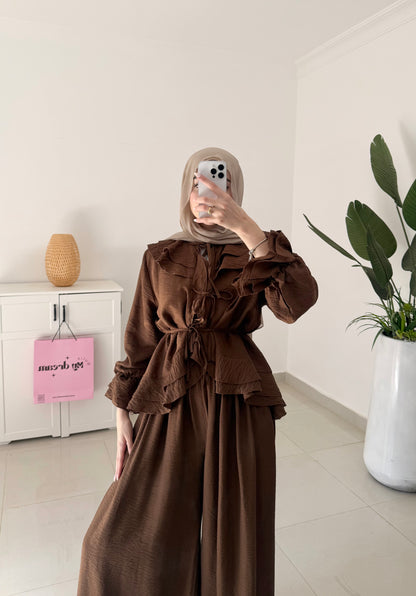 Ruffles Details Wide Leg Pants Set- Brown