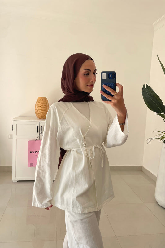 Belted Linen Pants Set- White