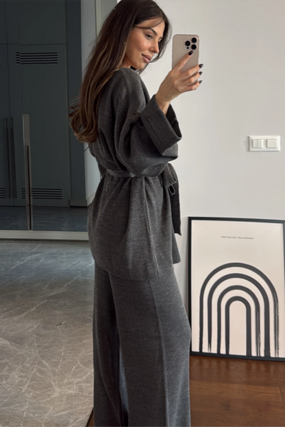 Belted Knit Cardigan Set- Gray