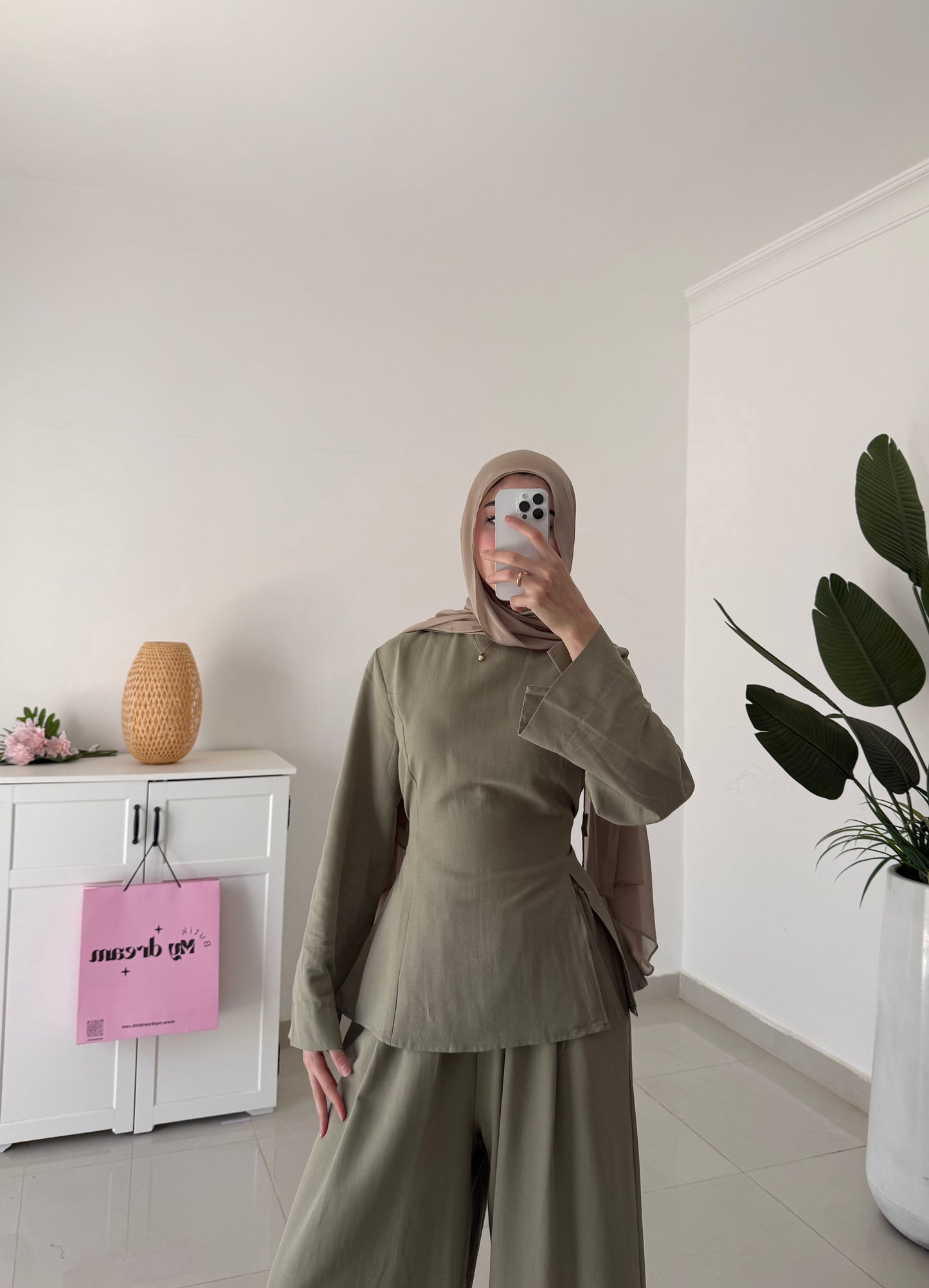 Waisted Cotton Linen Set- Green