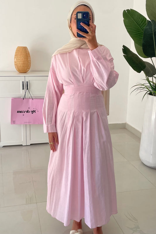 Linen Waisted Dress- Pink