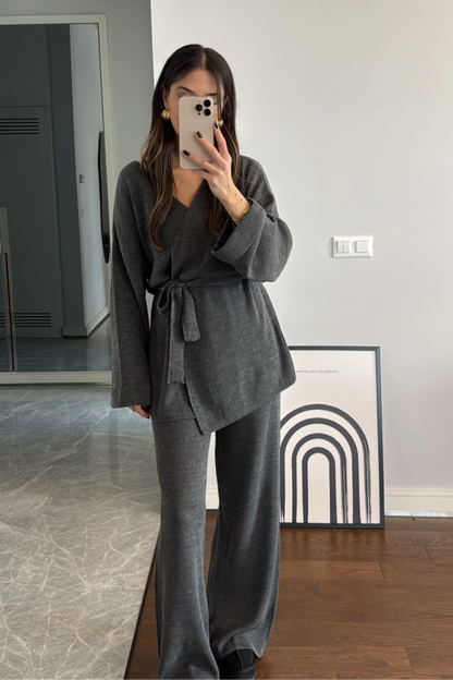 Belted Knit Cardigan Set- Gray