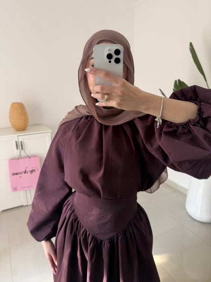 Lantern Sleeve Skirt Set- Burgundy