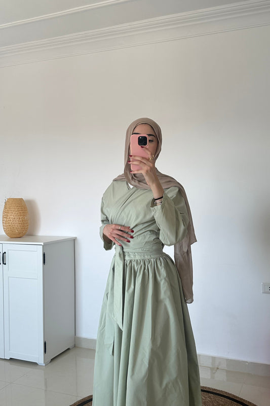 Wrap Top With Skirt Set- Green
