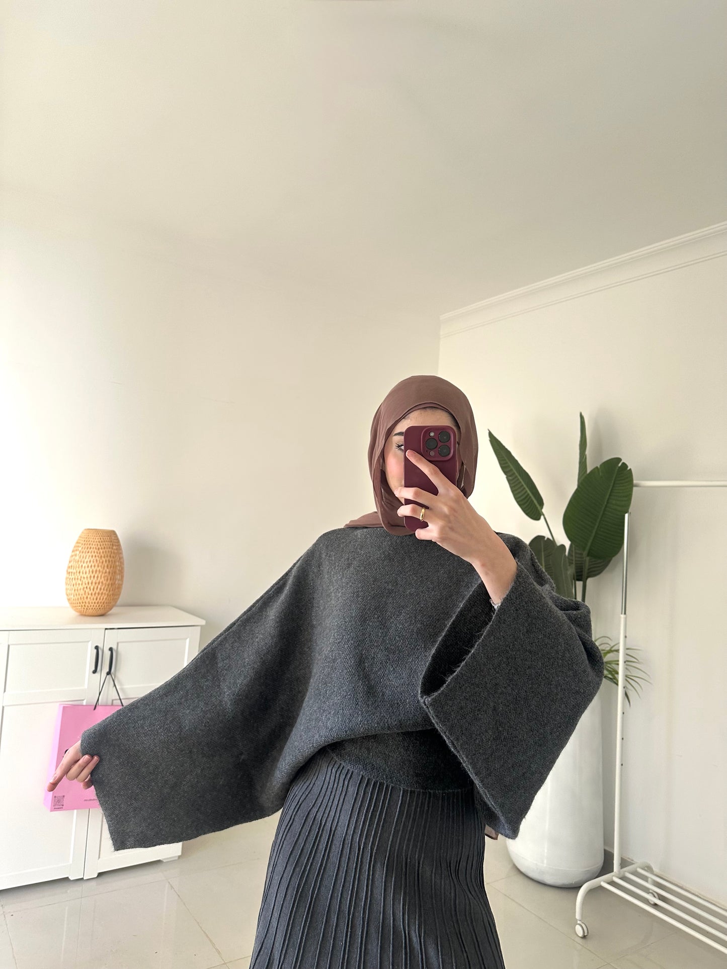 Batwing Sleeve Oversized Sweater- Gray