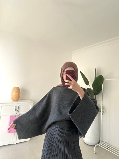 Batwing Sleeve Oversized Sweater- Gray