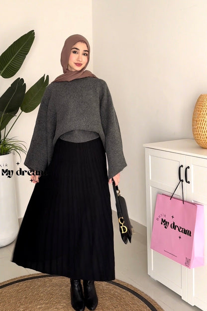 Pleated Triko Skirt- Black