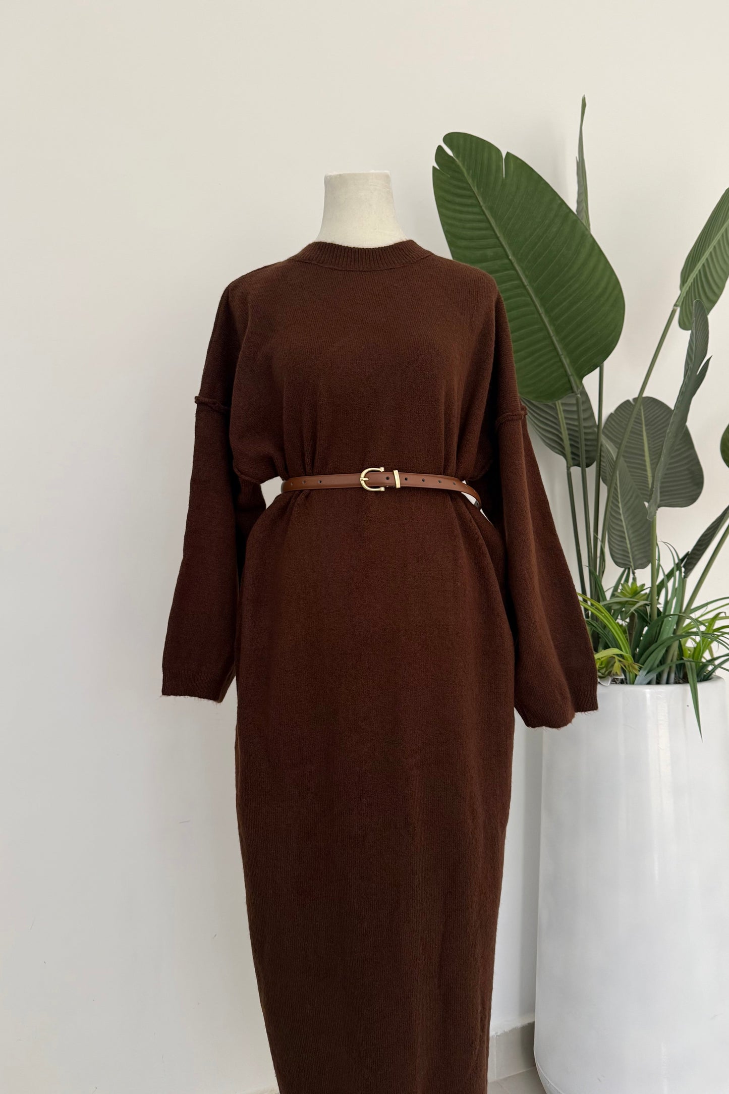 Long Knit Dress Without belt- Brown