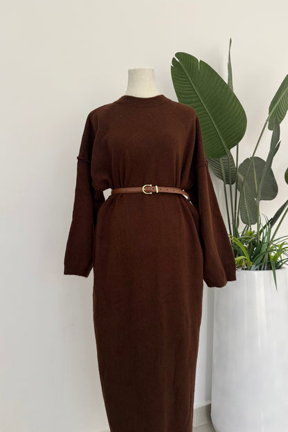 Long Knit Dress Without belt- Brown