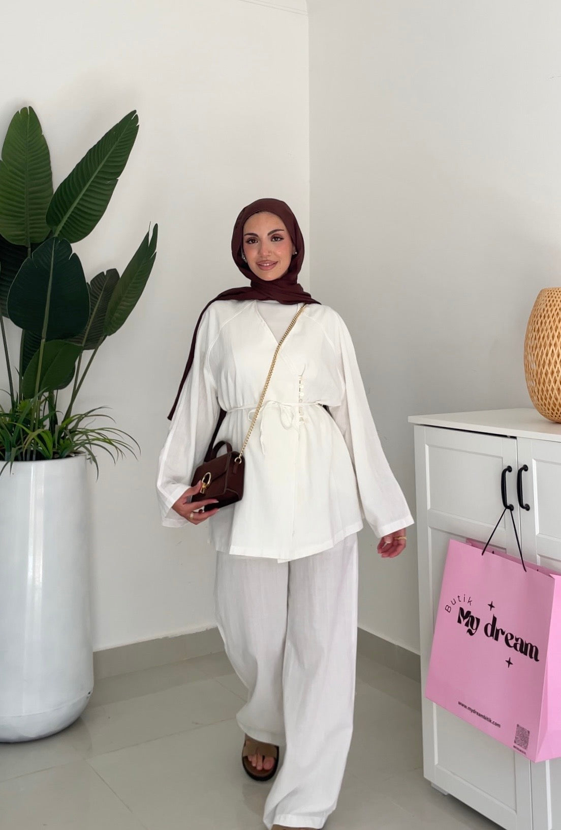 Belted Linen Pants Set- White
